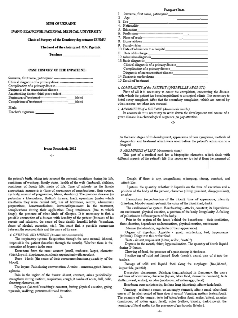 Case History Format Medical Diagnosis