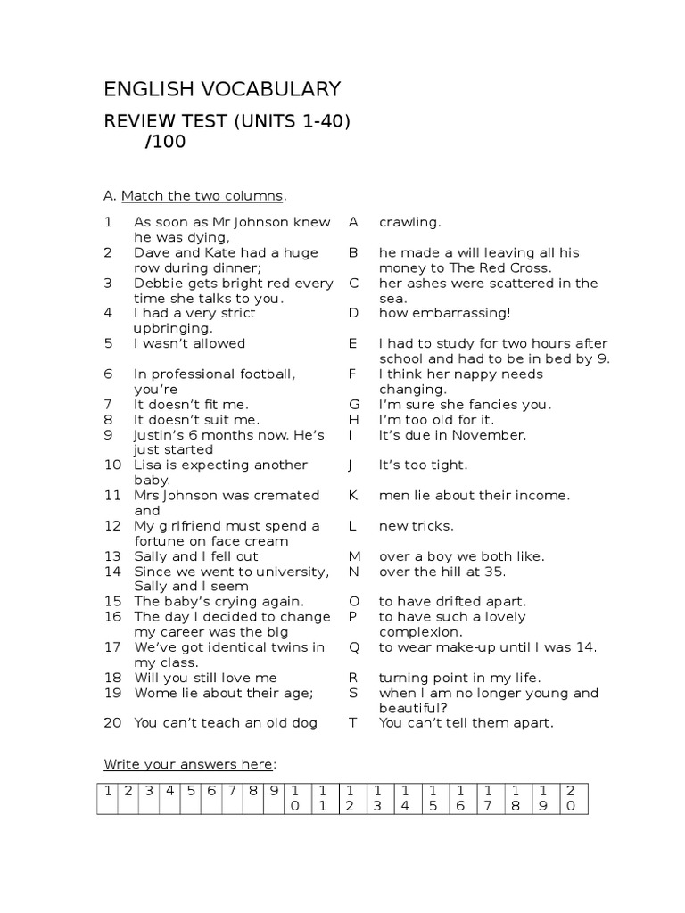English Vocabulary Test PDF Leisure
