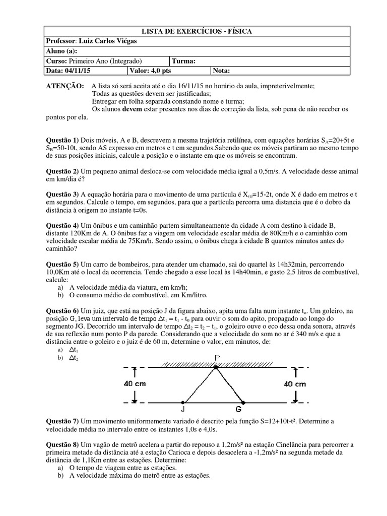 Lista de Exercícios de Física - 1º Ano | PDF | Velocidade | Velocidade