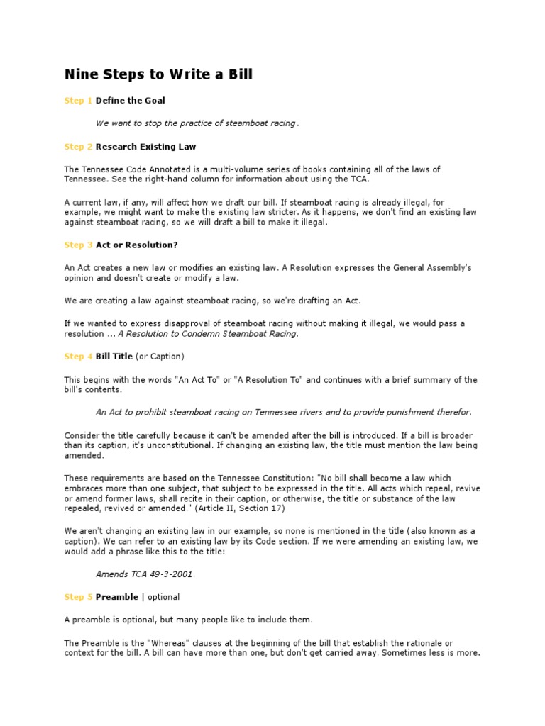 9 Steps in Bill Drafting PDF Constitution Of Tennessee Bill (Law)