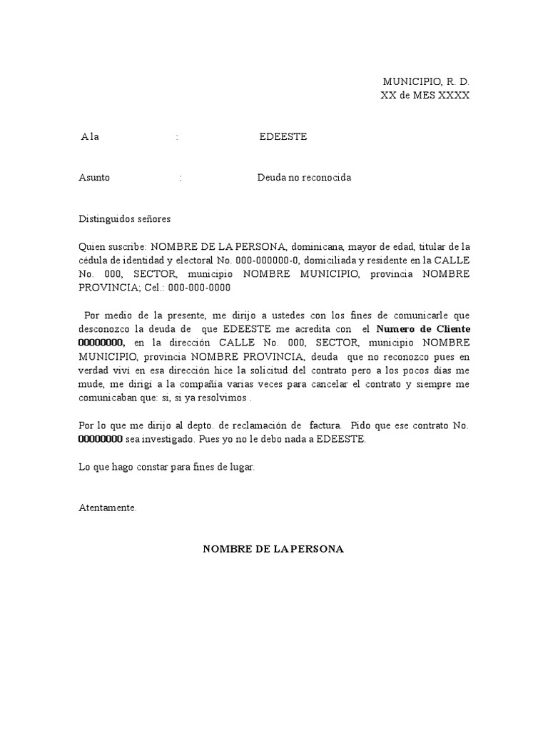 MODELO DE CARTA EDEESTE Deuda No Reconocida  PDF