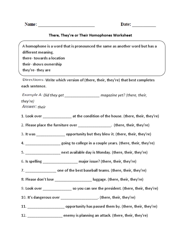 Homonyms there their they re worksheets