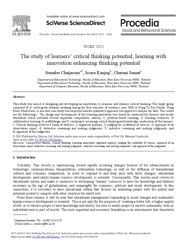 The Study of Learners' Critical Thinking Potential, Learning With ...