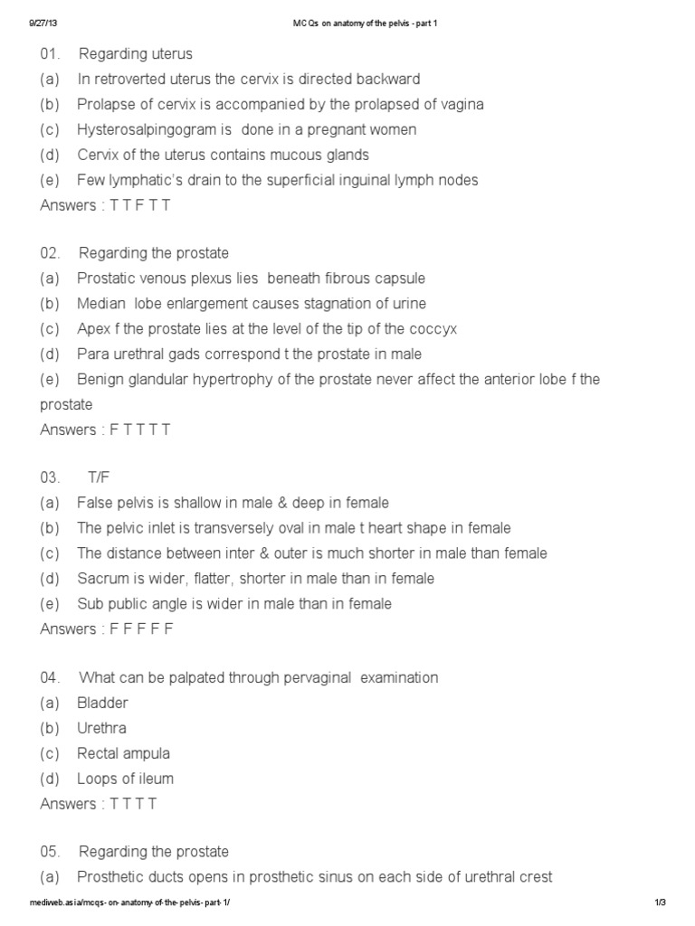 MCQs On Anatomy of The Pelvis Part 1 PDF Uterus Pelvis