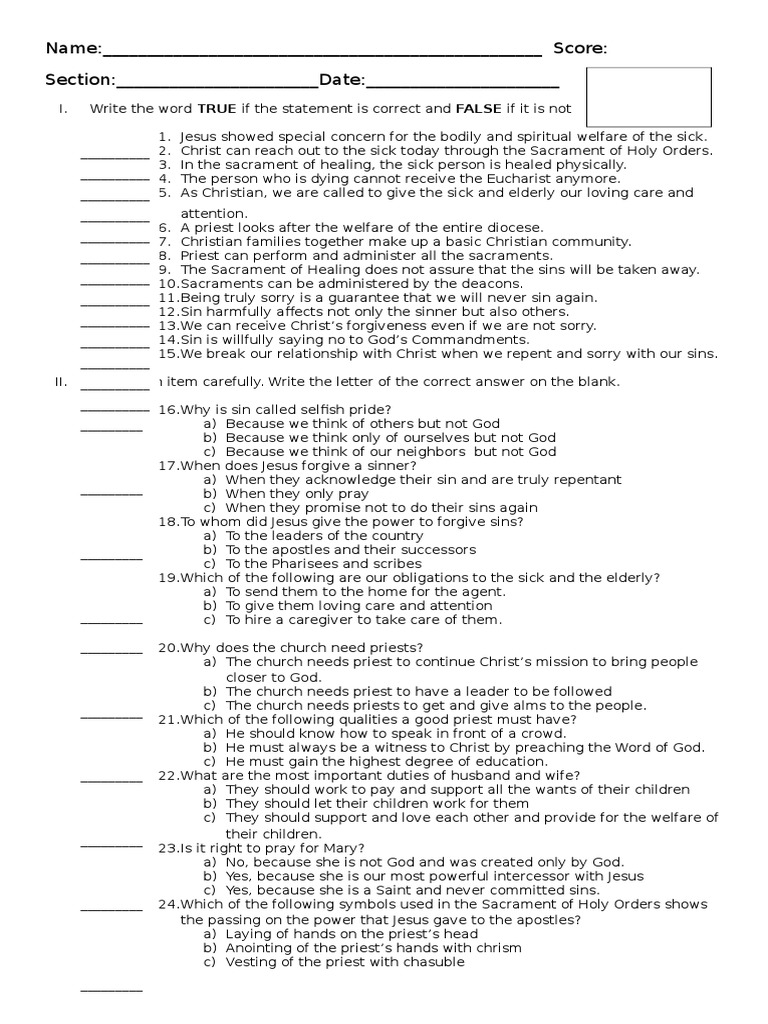 Christian Living Test | PDF | Priest | Eucharist