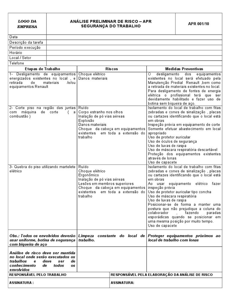 Análise Preliminar De Risco – Apr Segurança Do Trabalho