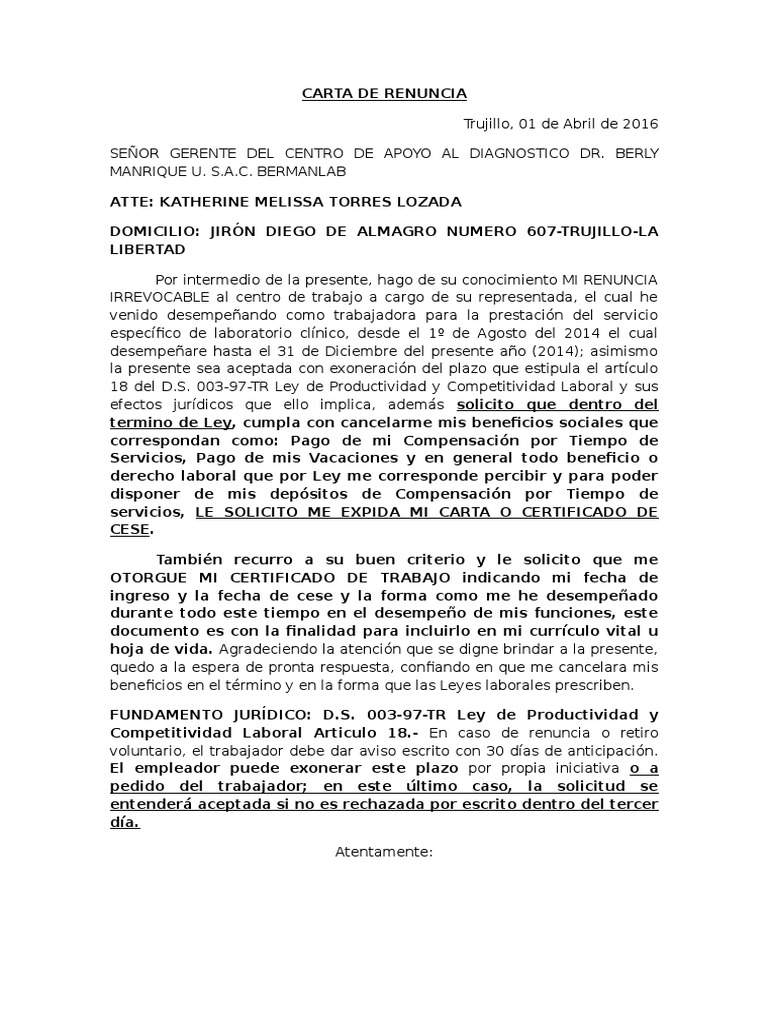 MODELO CARTA DE RENUNCIA CAS  Derecho laboral 