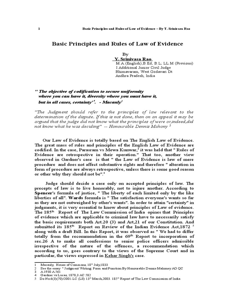 Basic Priniciples and Rules of Law of Evidence Evidence (Law) Evidence