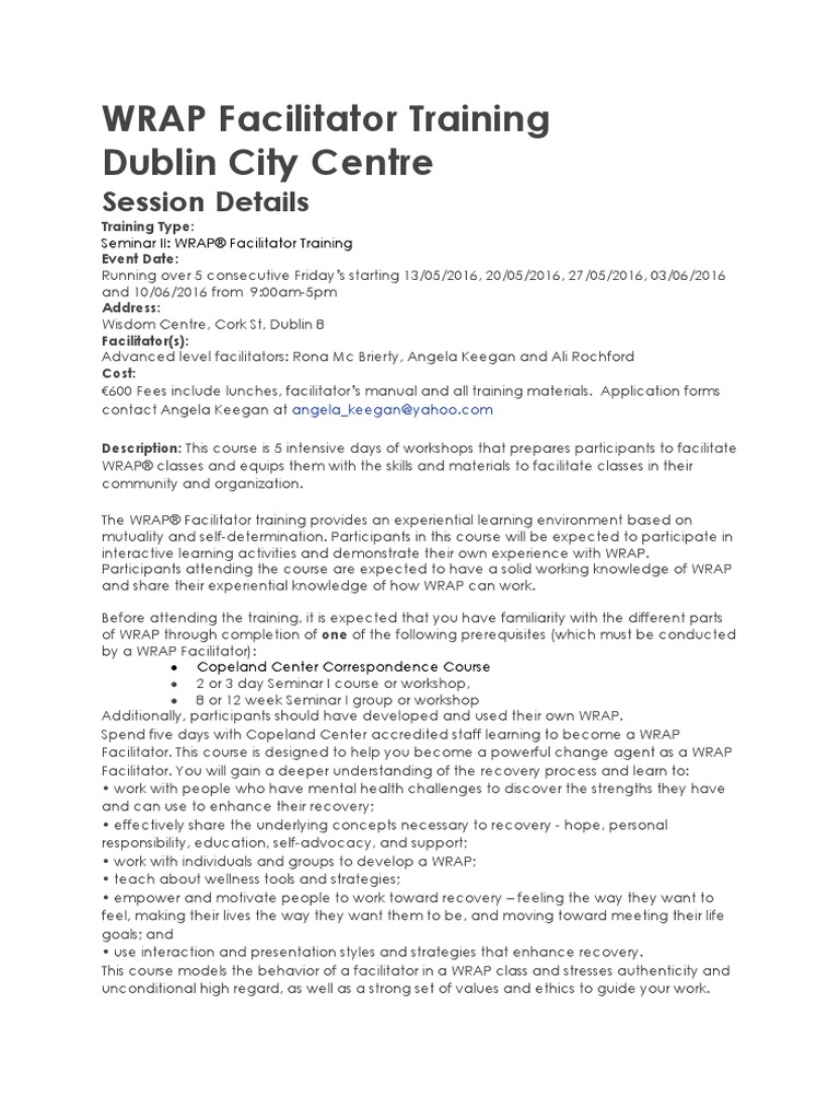 WRAP Facilitator Training May 2016 Recovery Approach Facilitator