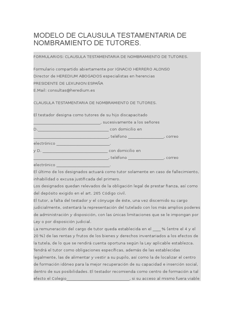 Modelo de Clausula Testamentaria de Nombramiento de Tutores Voluntad