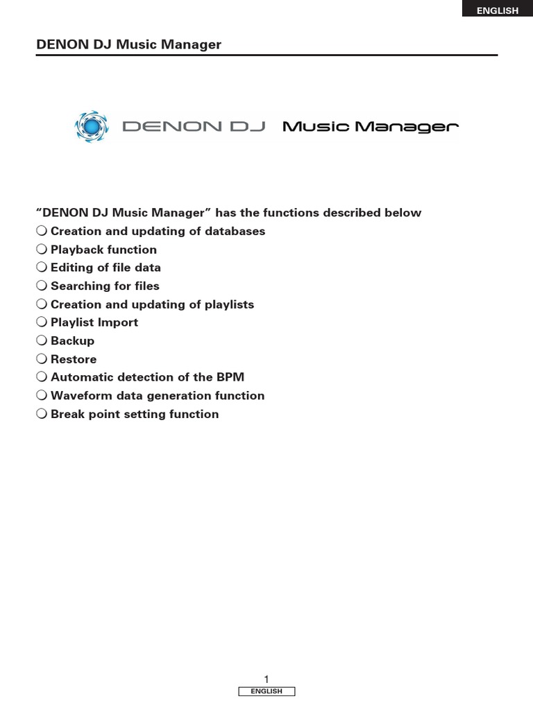 "DENON DJ Music Manager" Has The Functions Described Below PDF Hard