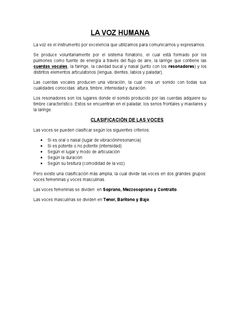 Clasificación y características de la voz humana | PDF | Artes del ...