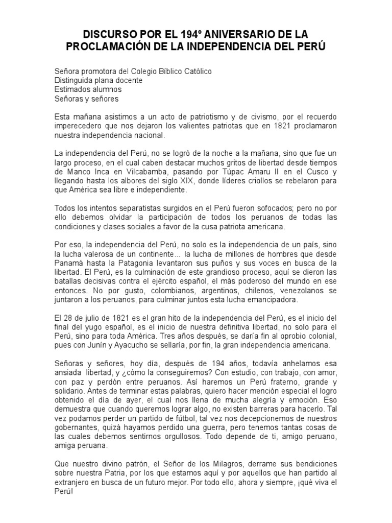 Discurso Por El 194º Aniversario de La Proclamación de La Independencia ...