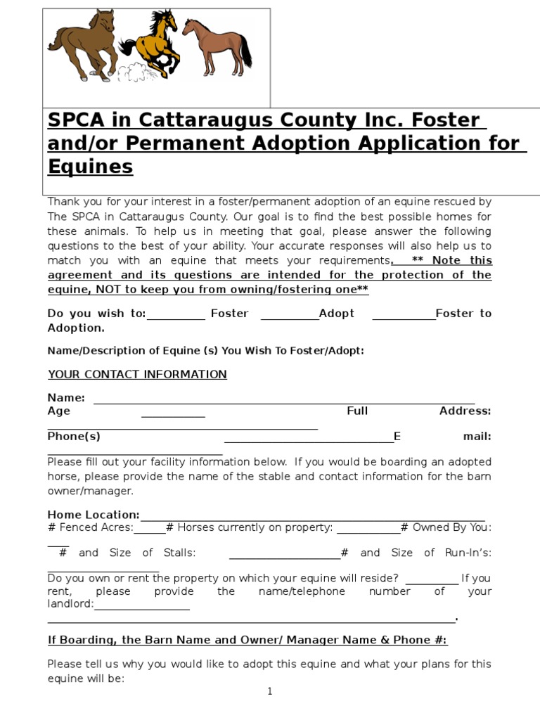 SPCA Foster Permanent Adoption Application Equine | Horses | Veterinary ...