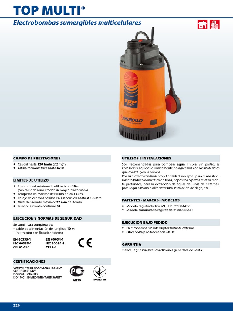 Bombas TOP MULTI®: Usos y Especificaciones | PDF | Bomba | Energía y ...