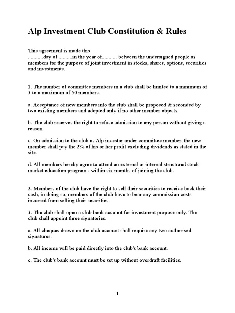 Alp Investment Club Constitution Download Free PDF Stocks
