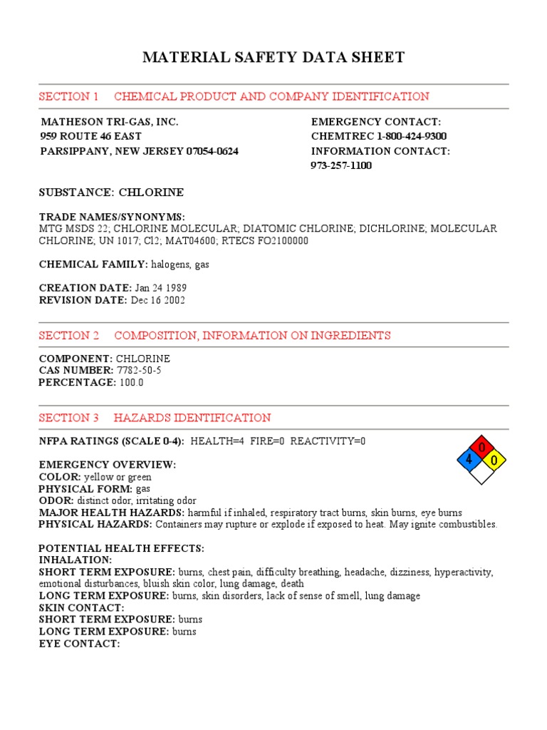 Material Safety Data Sheet: Section 1 Chemical Product and Company ...