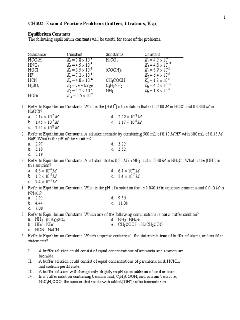 Gen Chem II EX 4 Practice Problems Sp08 PDF Buffer Solution Titration