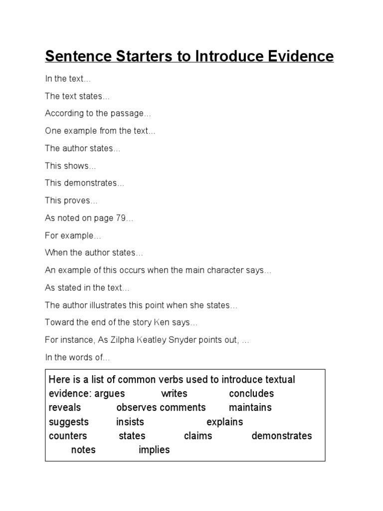 Sentence Starters To Introduce Evidence PDF