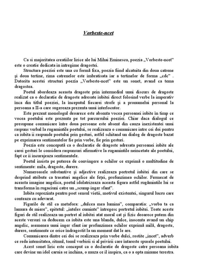 Comentariu Vorbeste Ncet De Mihai Eminescu