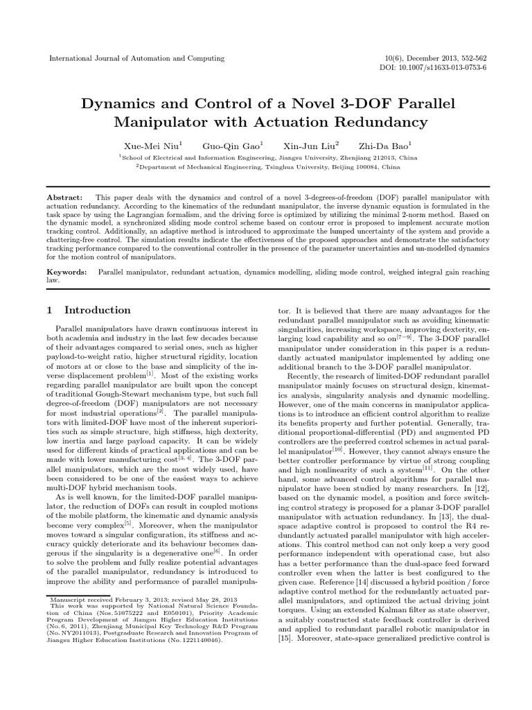 Dynamics and Control of A Novel 3-DOF Parallel Manipulator With ...