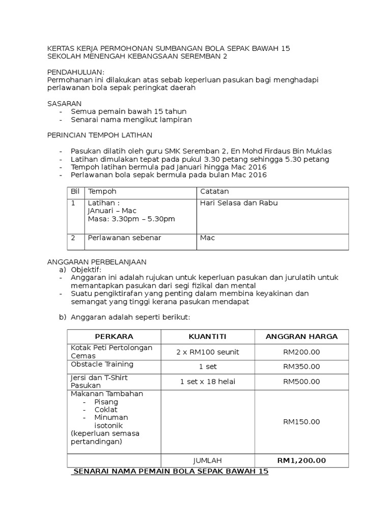 Kertas Kerja Mohon Sumbangan Kewangan