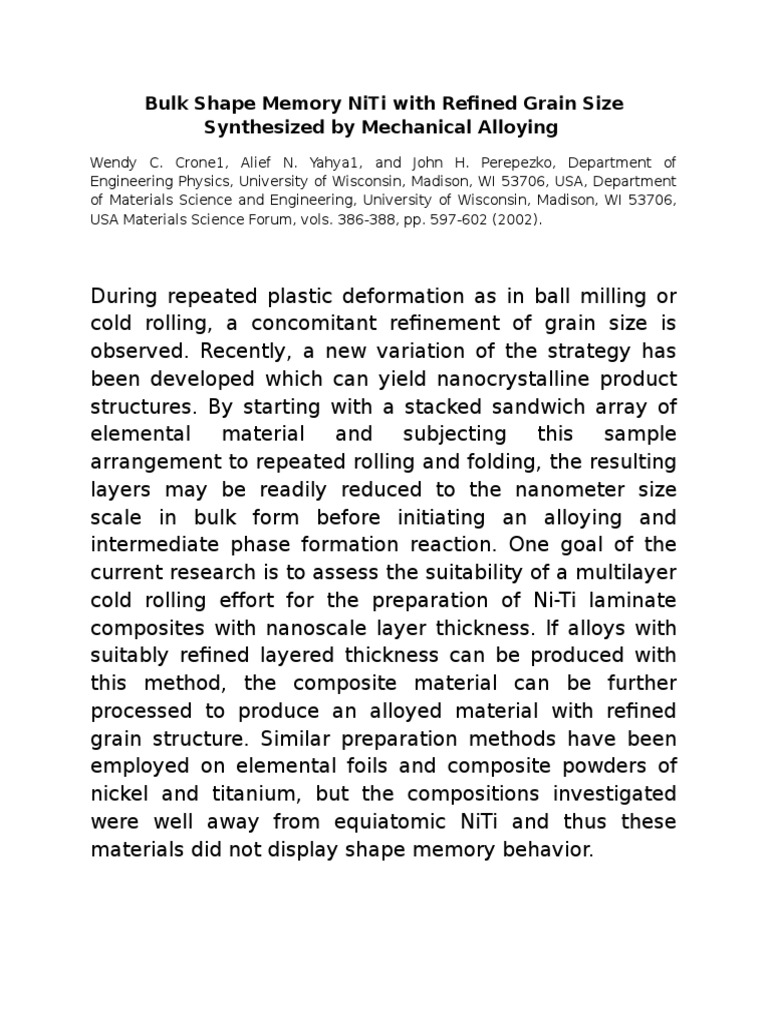 NiTi Shape Memory Alloys via Cold Rolling | PDF