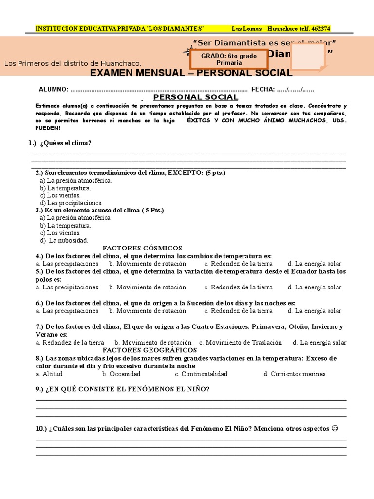 Examen Mensual de Personal Social 6to Grado | PDF | Viajes y turismo ...