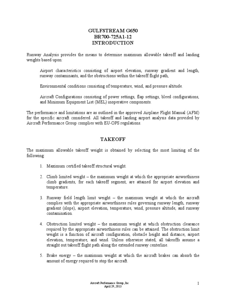 G650 Takeoff Distance and Runway Limits | PDF | Takeoff | Runway