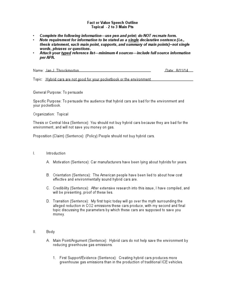 Fact or Value Speech Outline | Download Free PDF | Hybrid Vehicle ...