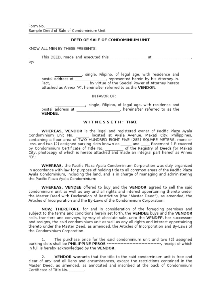 Sample Deed of Sale for Condo Unit | PDF | Condominium | Value Added Tax