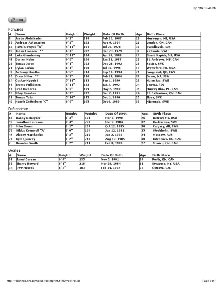 2016 Detroit Red Wings Roster | PDF