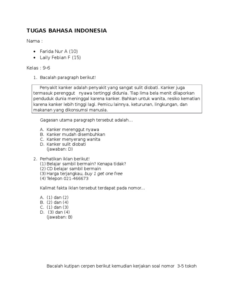 Tugas Bahasa Indonesia Kelas 9: Soal dan Jawaban | PDF | Seni ...