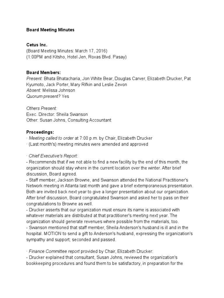 Board Meeting Minutes Board Meeting Minutes Sample PDF Financial