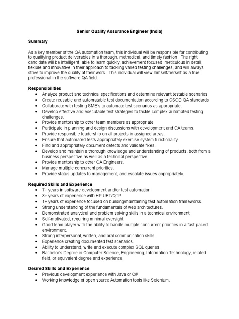 Senior QA Engineer Position in India | PDF