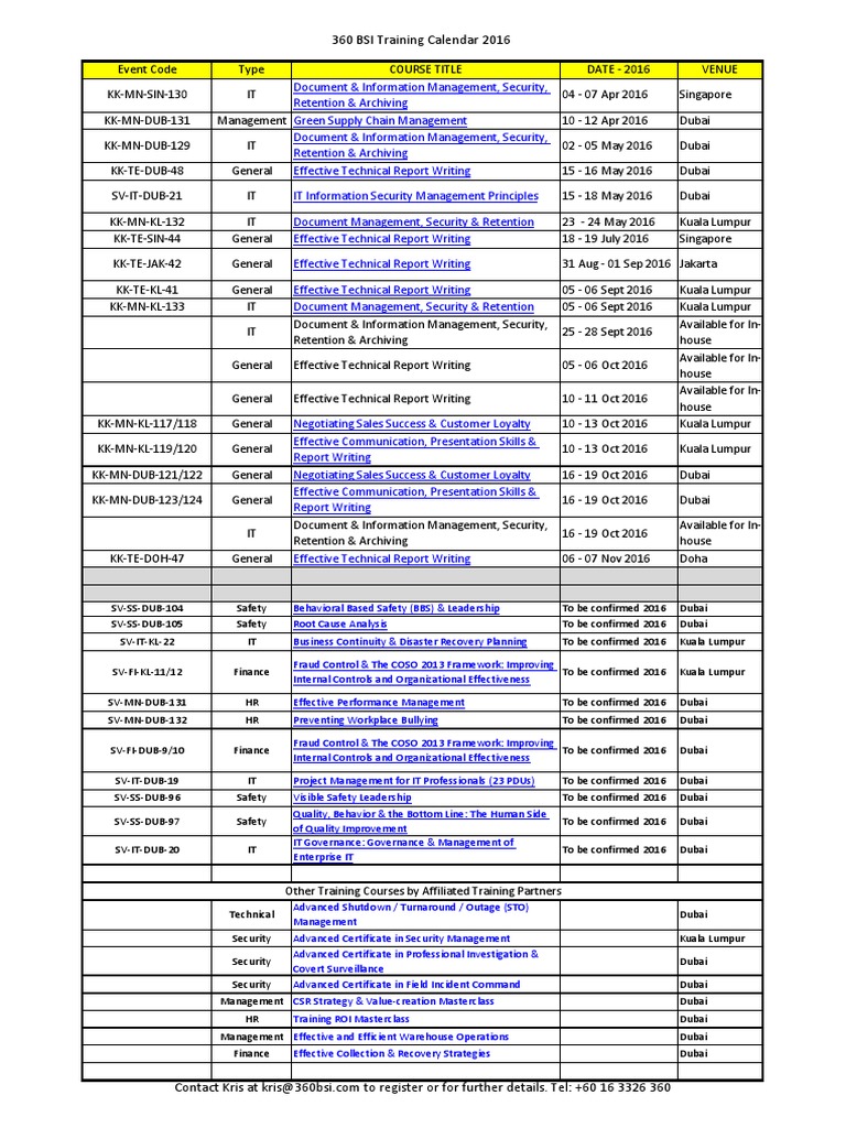 360 Training Calendar 2016 Business Accountability