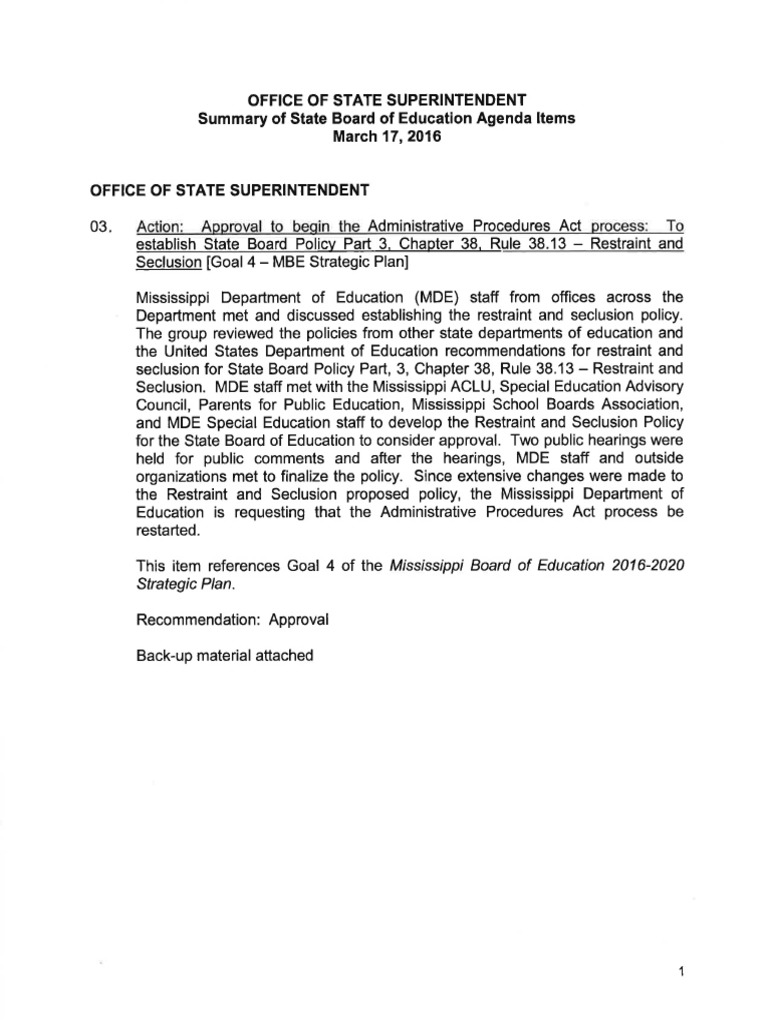 Proposed restraint and seclusion policy