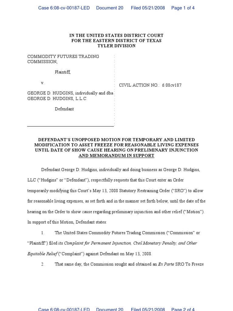 Motion modifying the freeze of assets Injunction Complaint Free