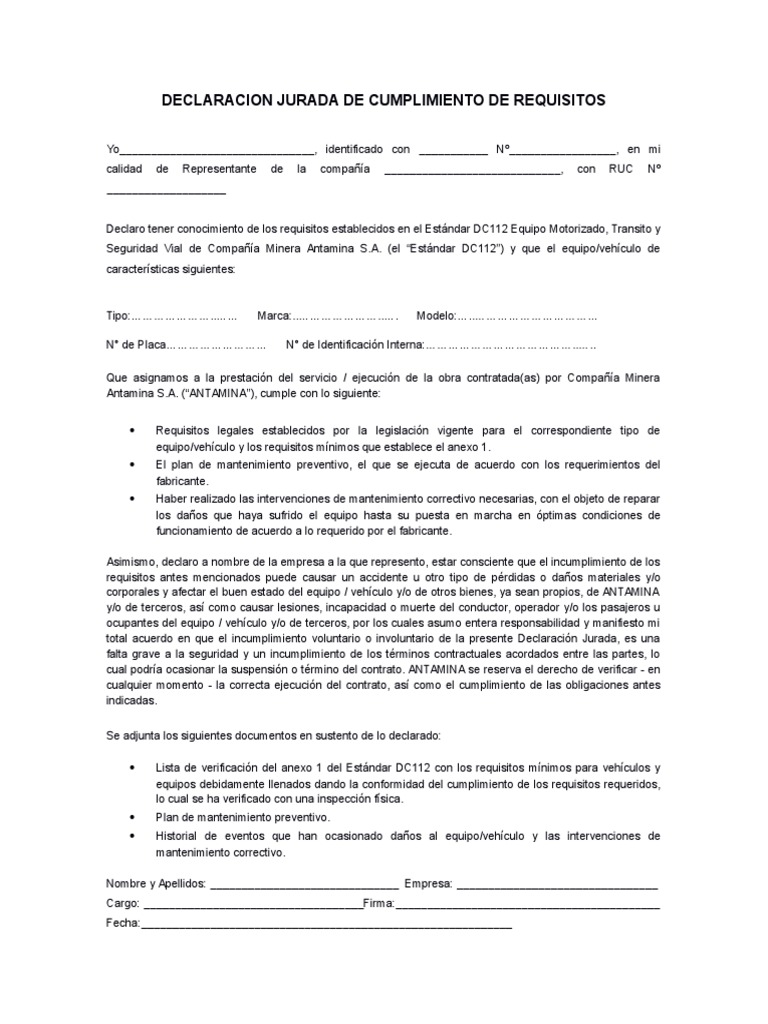 Declaracion Jurada de Cumplimiento de Requisitos | PDF | Minería ...