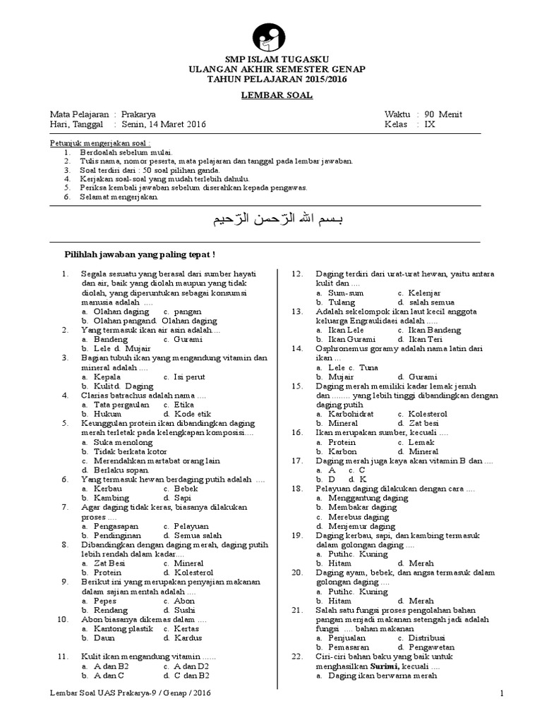 Soal Dan Jawaban Prakarya Kelas 9 Smt 1