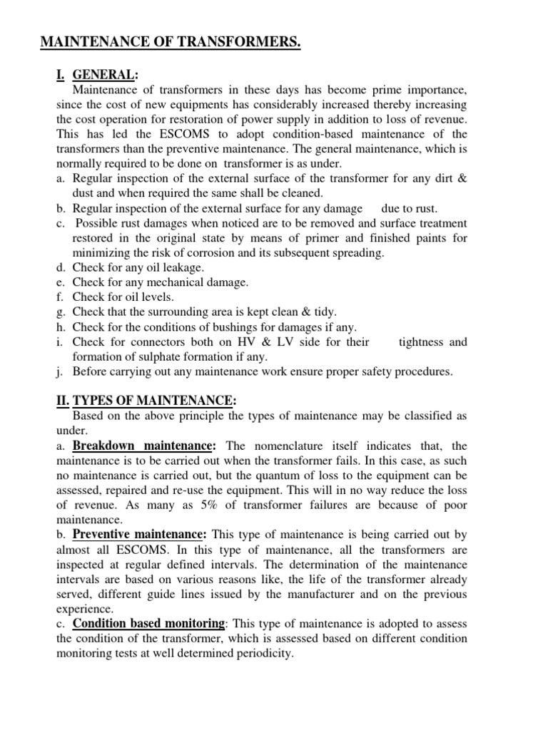 Notes On Maintenance of Transformers | PDF | Transformer | Voltage