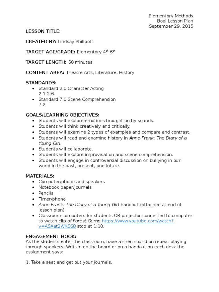 Boal Lesson Plan Lesson Plan Anne Frank