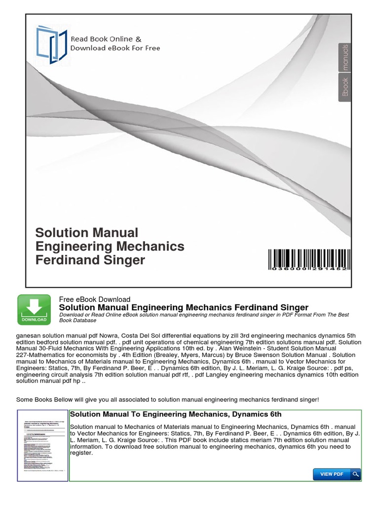 Solution Manual Engineering Mechanics Ferdinand Singer Taxes Engineering