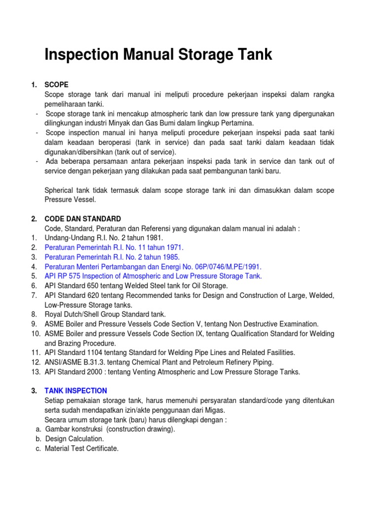 Prosedur Inspeksi Tangki Penyimpanan | PDF | Teknologi & Rekayasa