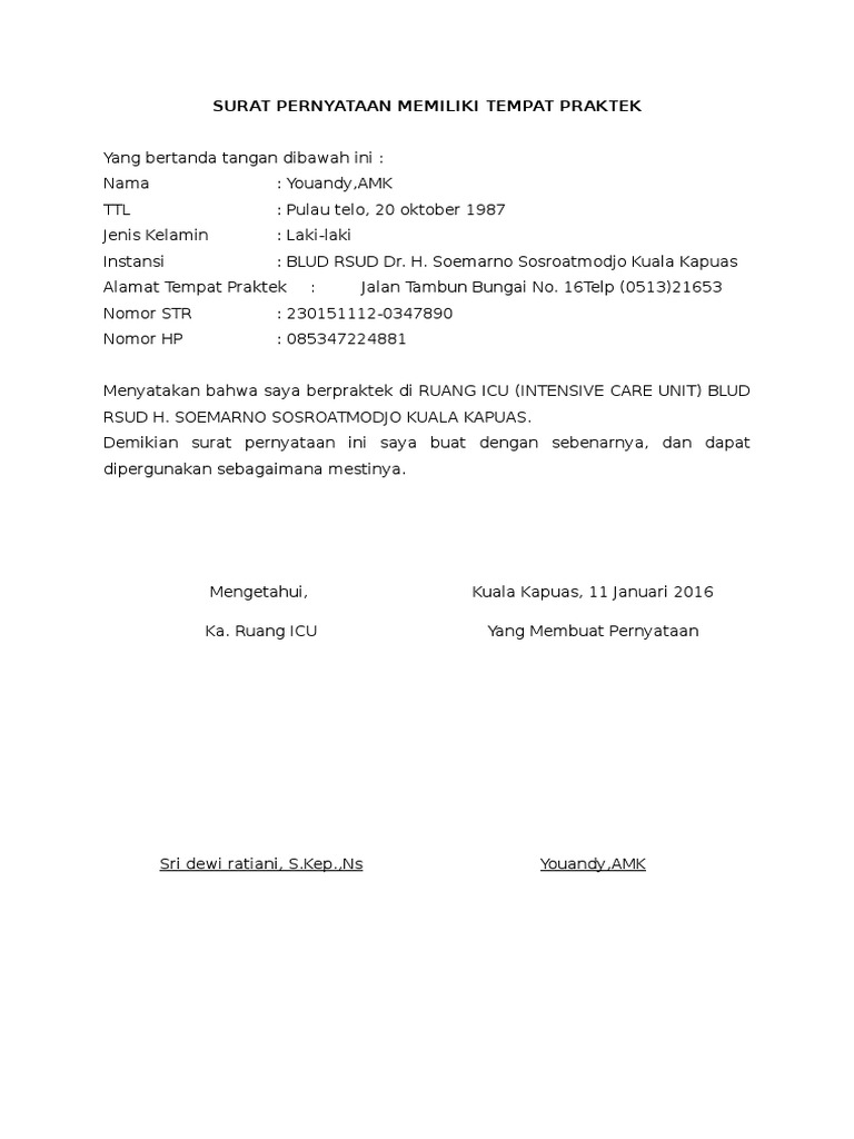 Surat Pernyataan Memiliki Tempat Praktik Surat Pernyataan Memiliki Tempat Praktik