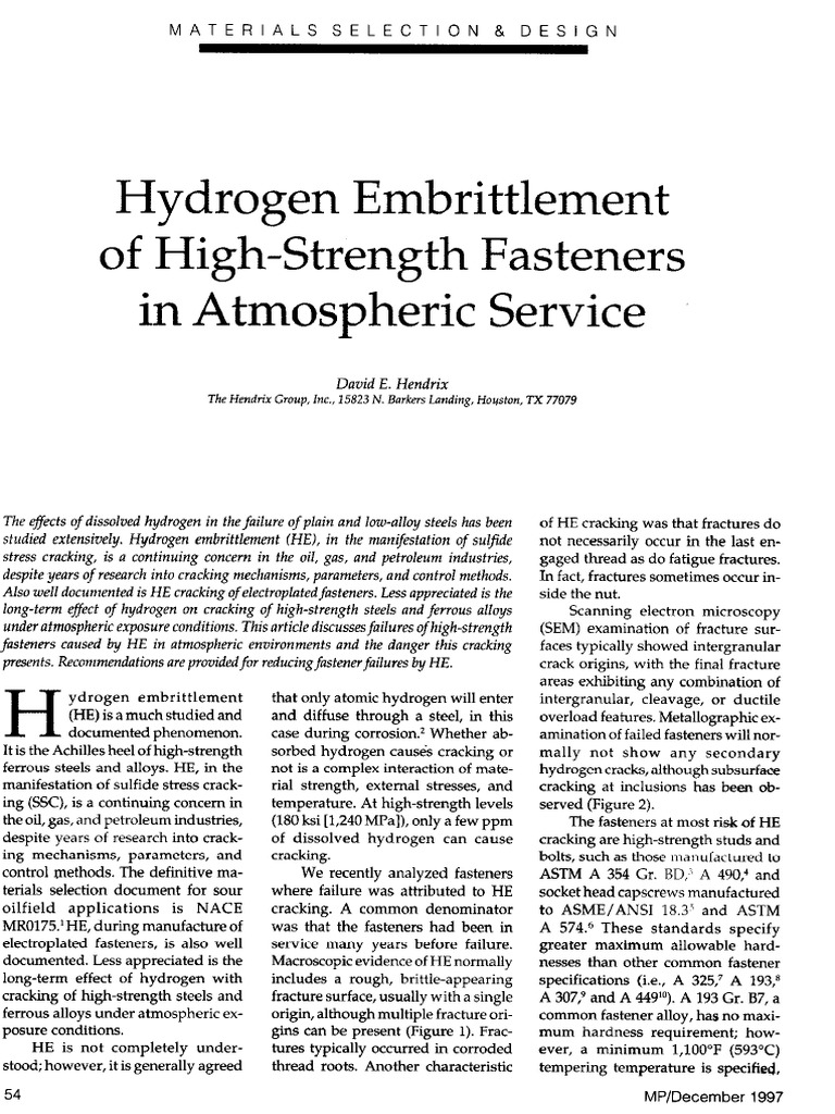 Hydrogen Embrittlement in Fasteners | PDF | Corrosion | Screw