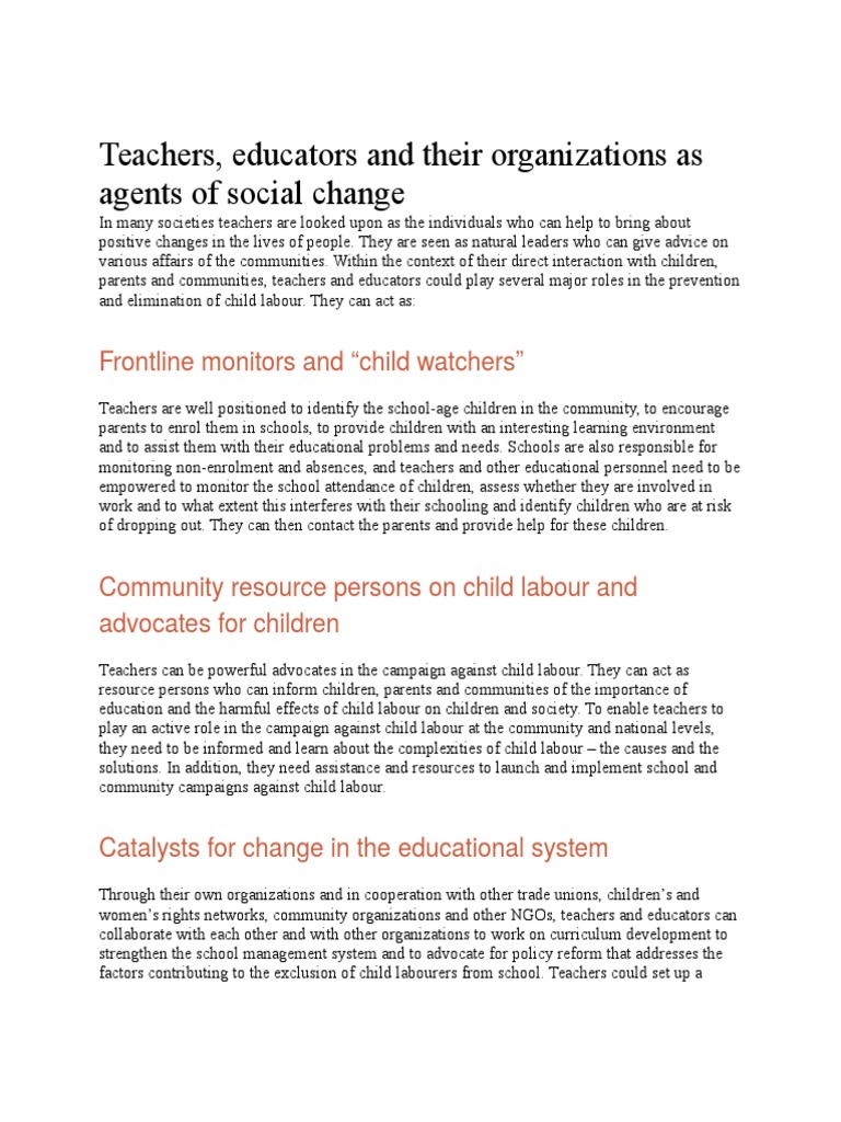 Teachers, Educators and Their Organizations As Agents of Social Change ...