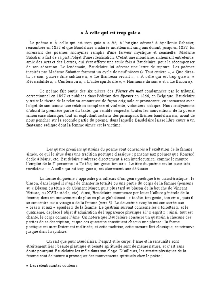 A Celle Qui Est Trop Gaie : Analyse Linéaire