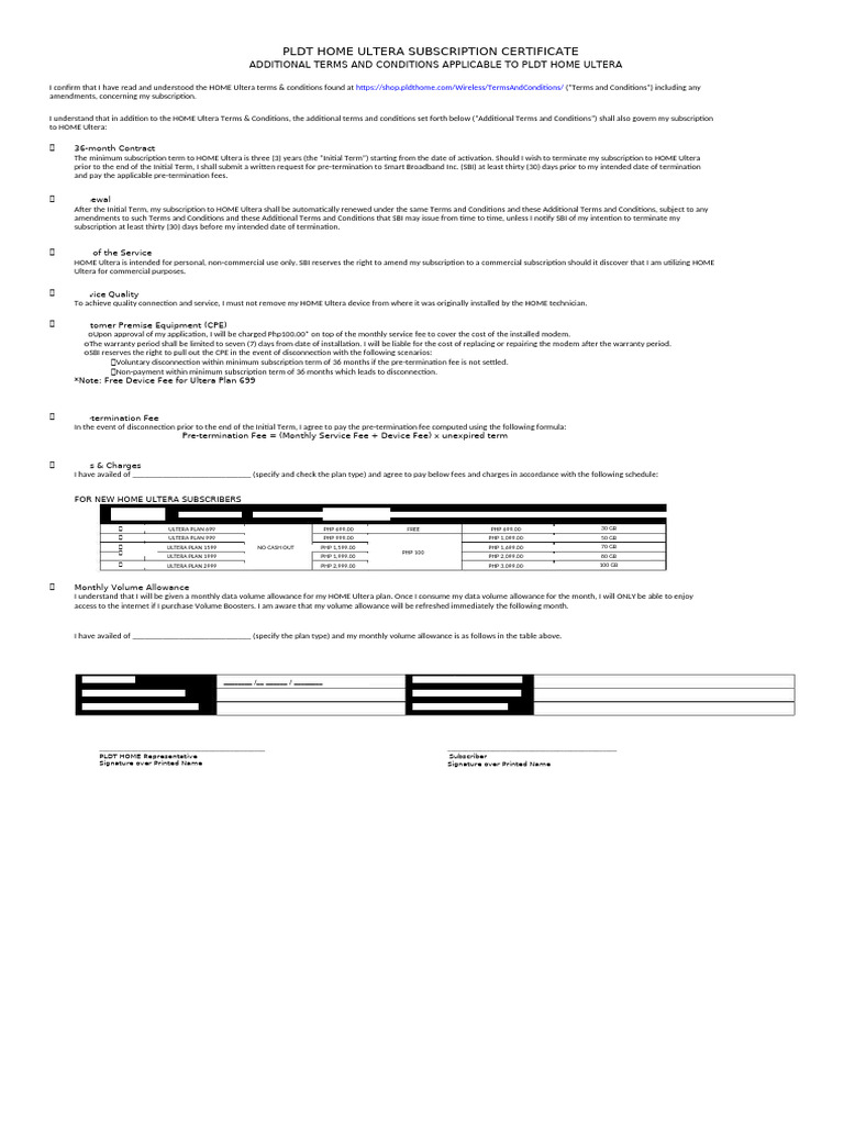 Pldt Home Ultera Subscription Certificate