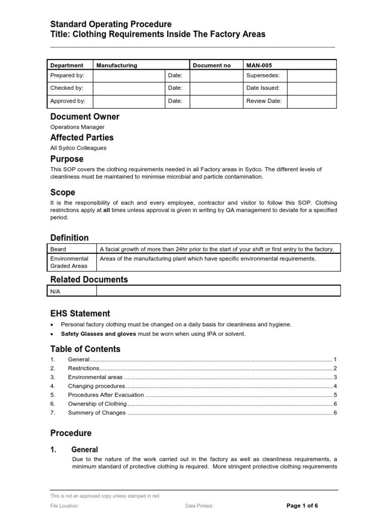 SOP_Clothing Requirements Inside the Factory Clothing Design